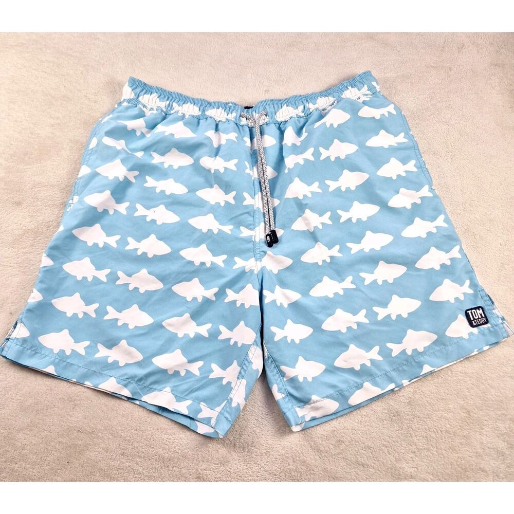 Tom & Teddy Mens XL Soft Blue & White Fish Mesh Lined Drawstring Swim Shorts